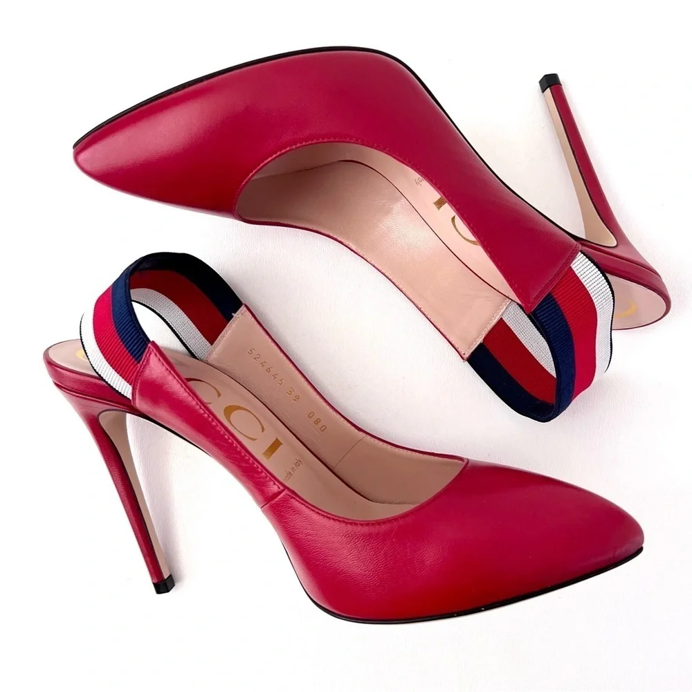 New‎ GUCCI | Sylvie Web Stripe Slingback Red Leather Pointed Pumps EU 39 US 9